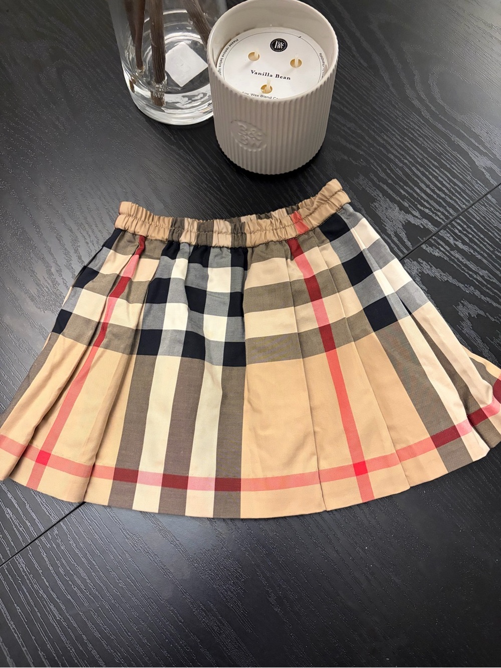 Burberry Beige Plaid Pleated Kids Skirt with Red and Black Accents
